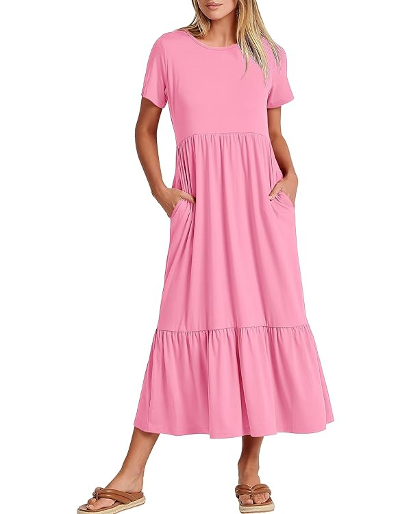 ANRABESS Women Summer Casual Short Sleeve Crewneck Aline Swing Flowy Tiered Shirt Maxi Beach Long... | Amazon (US)