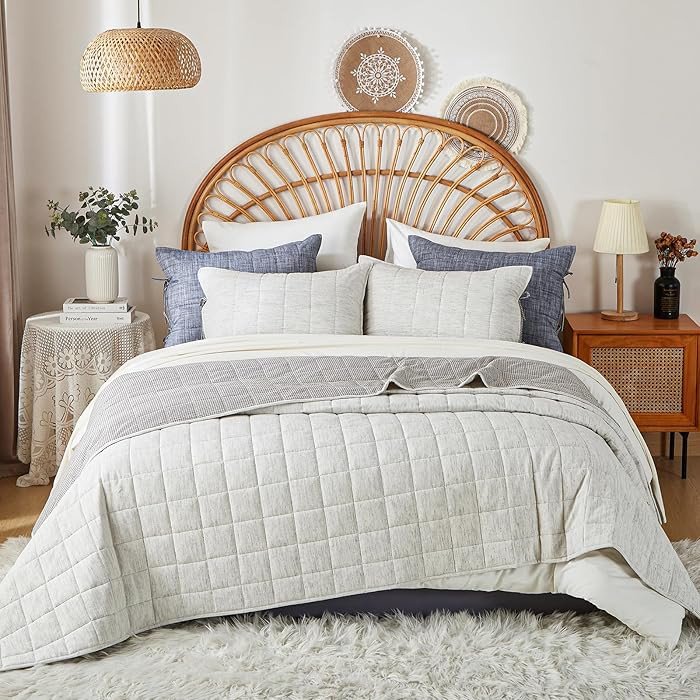 Quilts Queen Size，White Cotton Linen Bedspreads Queen Size，3-Pieces Queen Quilt Set with Grey... | Amazon (US)