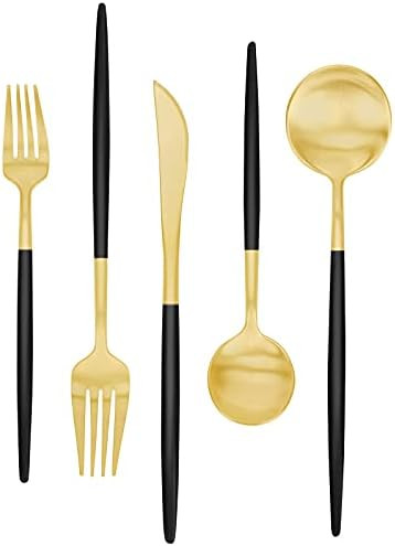 Amazon.com | Matte Black Gold Silverware Set 30 Pieces, FAMEWARE Stainless Steel Flatware Set，S... | Amazon (US)