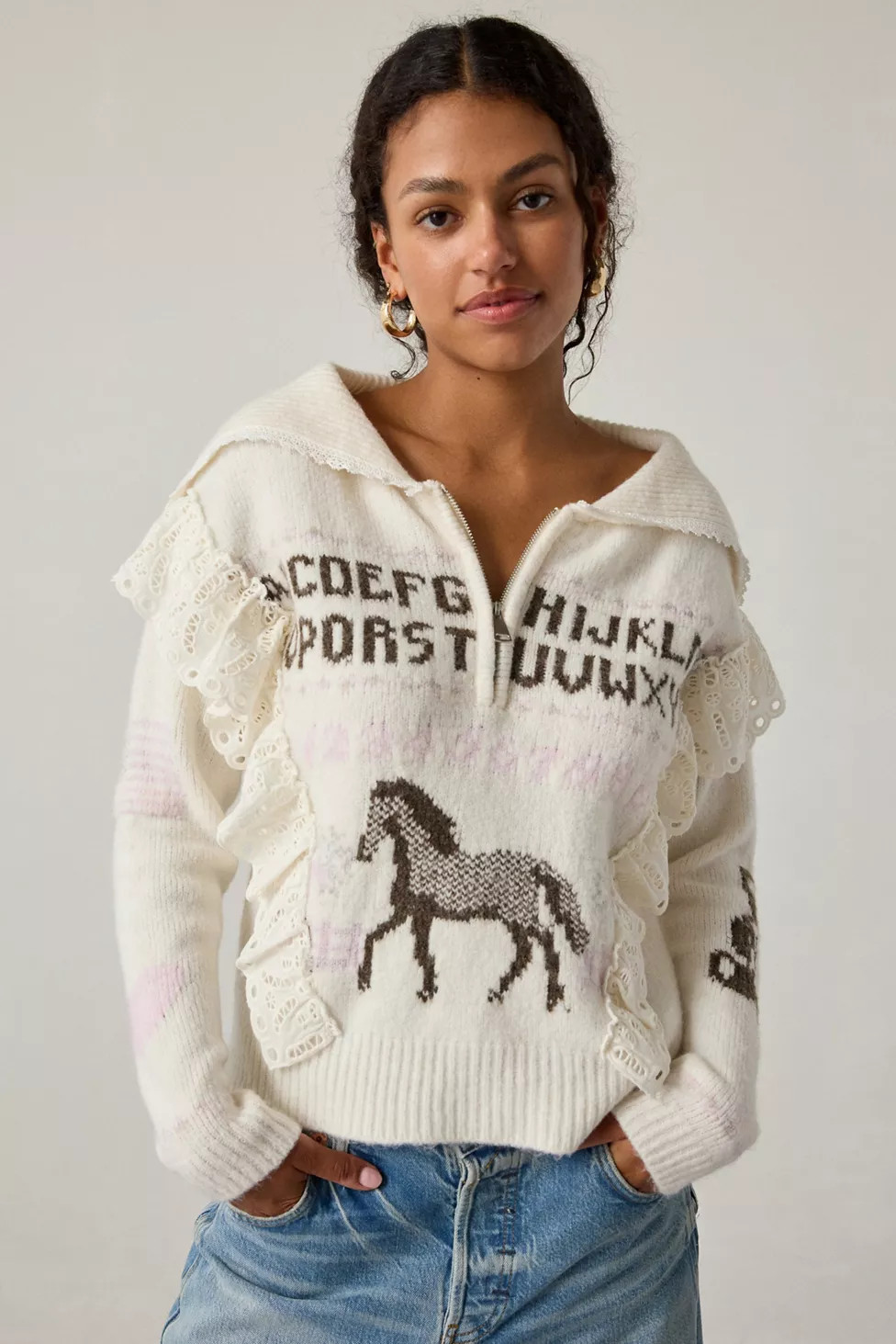 Kimchi Blue Paloma Lace Trim 1/4 Zip Pullover Sweater | Urban Outfitters (US and RoW)