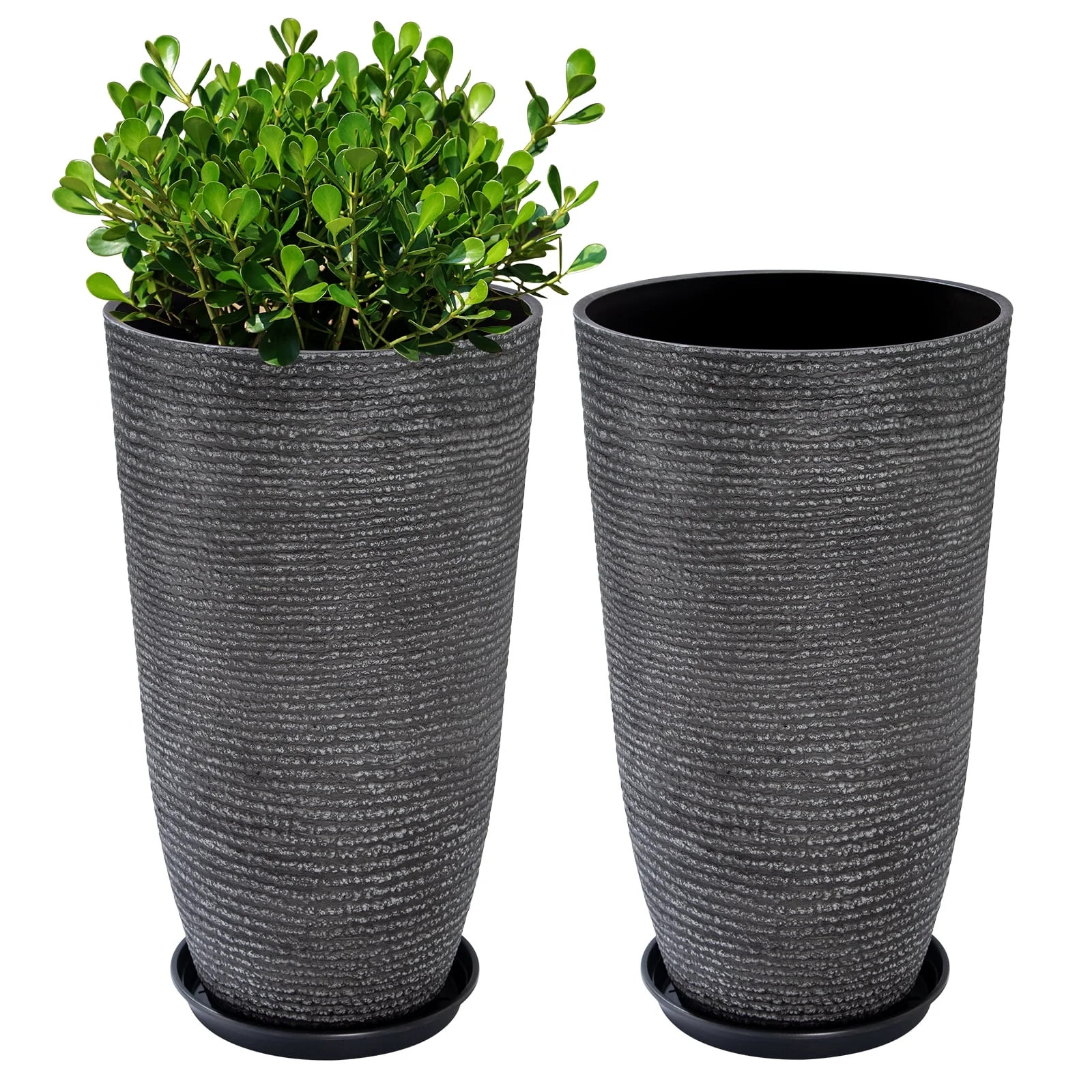 QCQHDU 21 inch Tall Planters with Saucer,2 Pack 9 Gallon Stone Round Pots for Indoor Plants,Outdo... | Walmart (US)