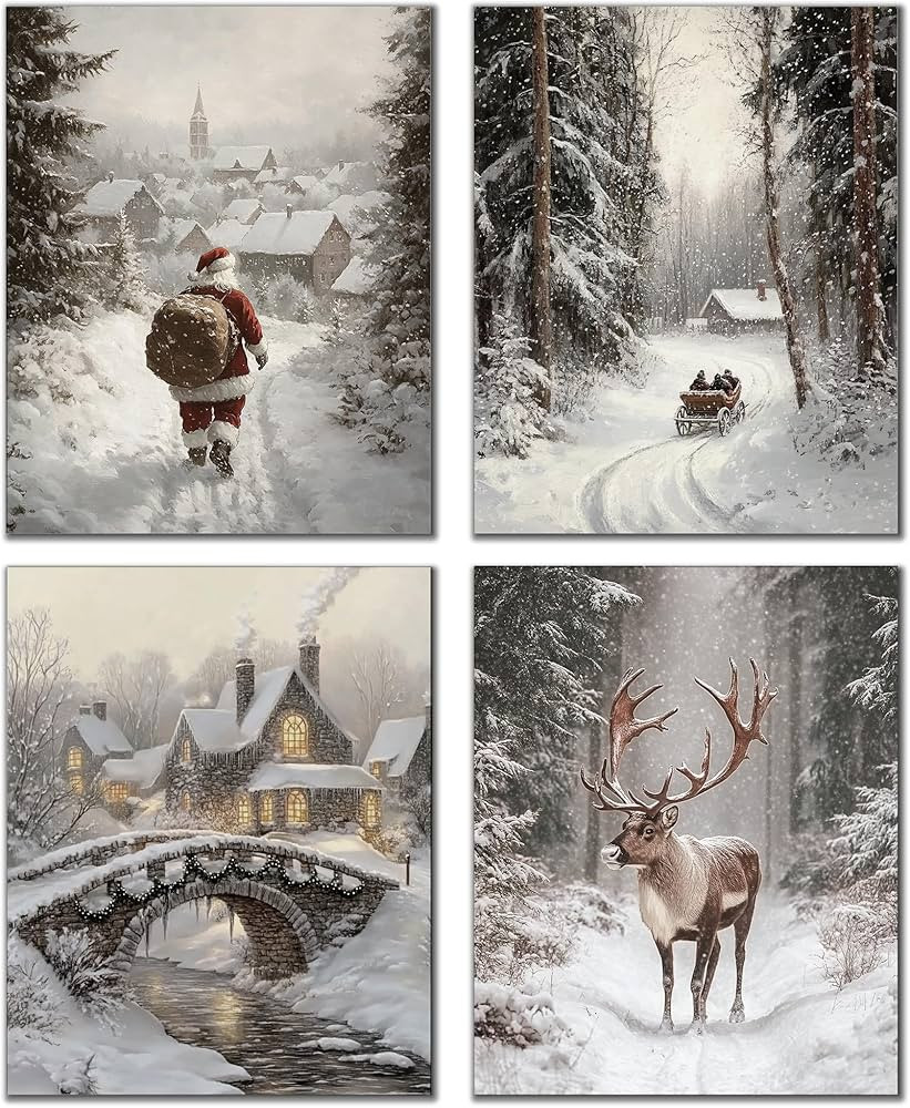 DOFQZ Winter Christmas Wall Art Prints Set of 4, Farmhouse Christmas Decor, Rustic Winter Santa R... | Amazon (US)
