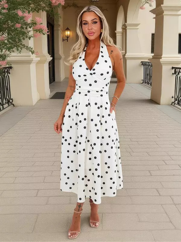 AX Paris Polka Dot Tie Halter Neck Midi Dress - Cream | Very (UK)