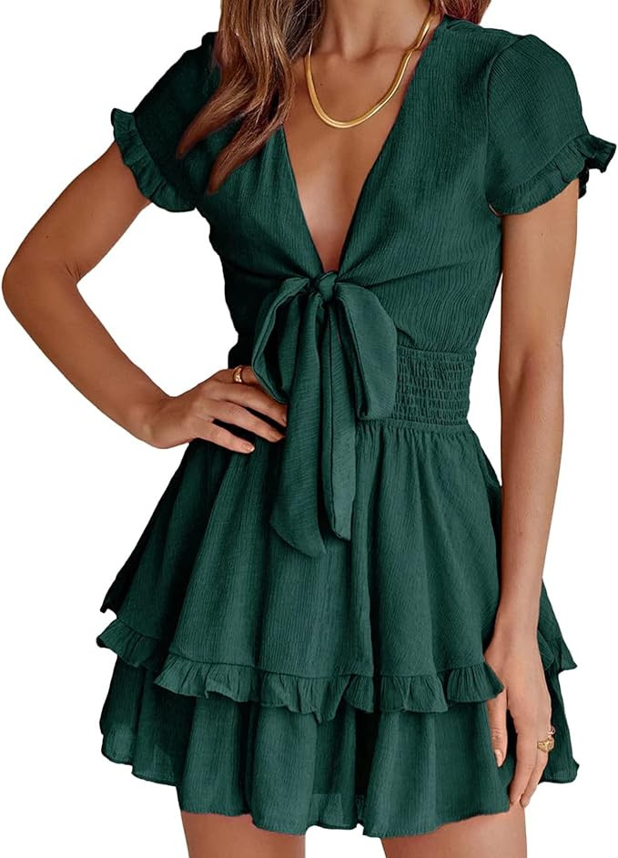 PRETTYGARDEN Women Summer Mini Short Dress 2025 Short Sleeve Casual Beach Vacation Sundress V Nec... | Amazon (US)