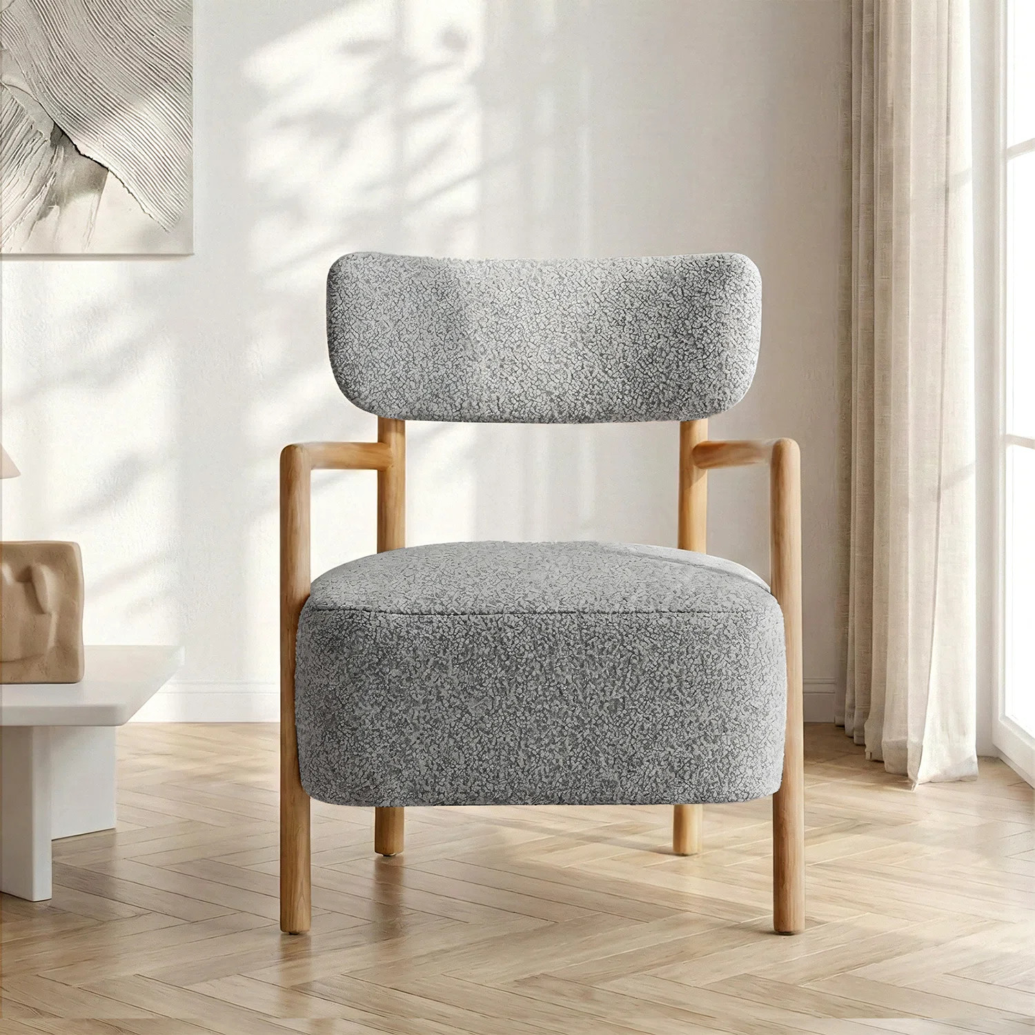 25"Wide Boucle Upholstered Accent Armchair with Wood Arms | Wayfair North America