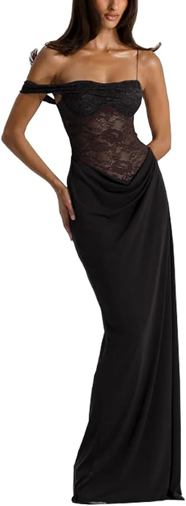 Women's Sexy Lace Maxi Dress High Split Spaghetti Strap Backless Wedding Guest Cocktail Formal Dr... | Amazon (US)