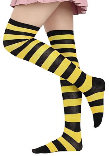 DAZCOS Striped Thigh High Socks Elastic Over The Knee Knit Stockings for Daily or Anime Cosplay (Yellow + Black) | Amazon (US)