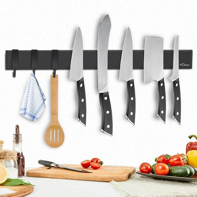 Dmore magnetic knife holder for wall\u2014with 3 hooks, No Drilling 16 Inch black knife magnetic ... | Amazon (US)