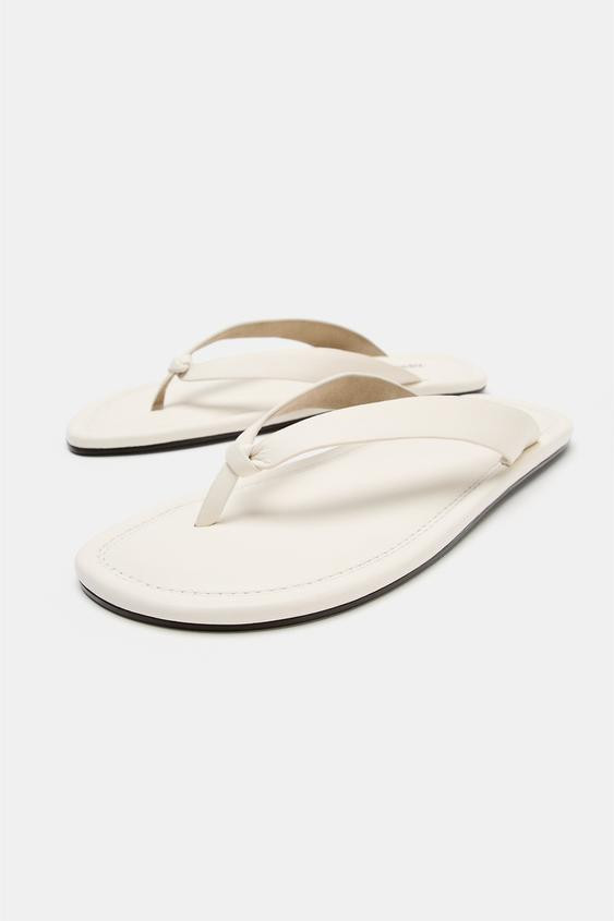 Zara - Flat Leather Sandals - White - 5 - Woman | Zara UK