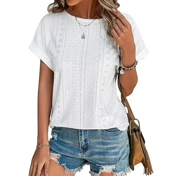 TEMOFON Womens Tops Eyelet Embroidery Summer Spring Crewneck Casual Short Sleeve Blouse Trendy T ... | Walmart (US)