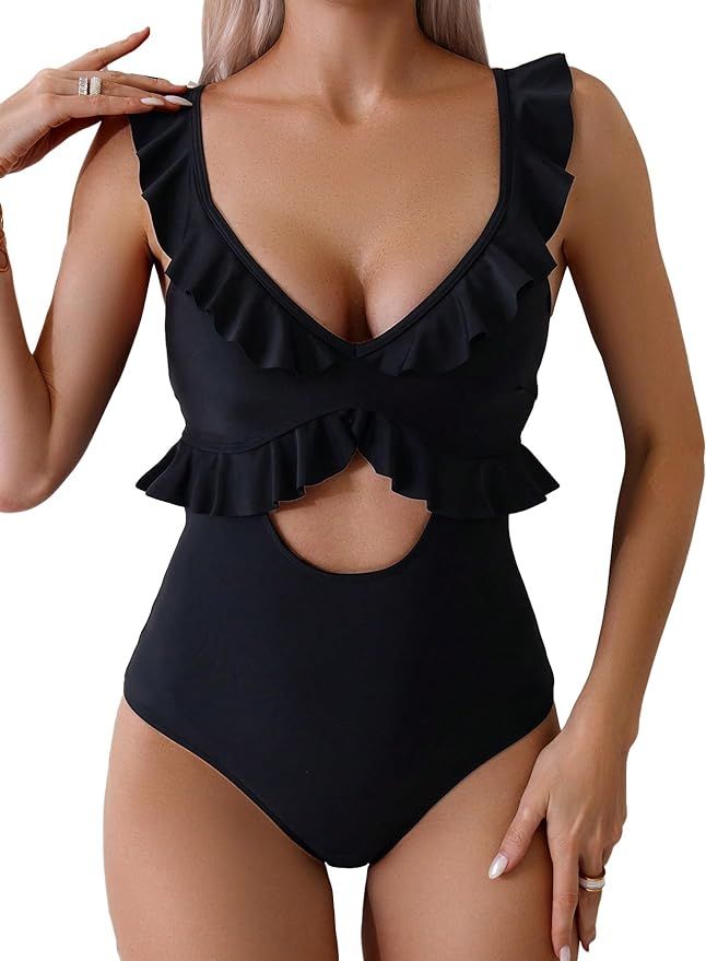 MakeMeChic Women's One Piece Swimsuit Cut Out Ruffle Trim Tummy Control Bathing Suit | Amazon (US)