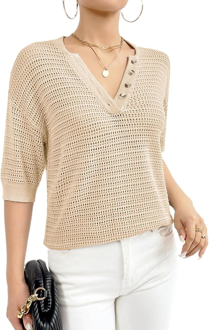 Women's V-Neck Casual Short Sleeve Pullover Sweaters Loose Button-up Knitted Sweater Top | Amazon (US)
