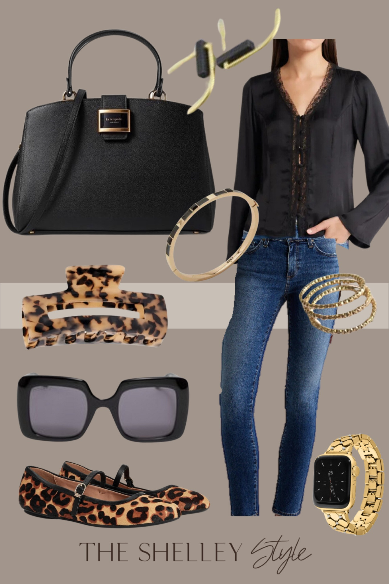 Fashion Over 40
AG Jeans, Black Button-Up Shirt,  Leopard Print Flats, Kate Spade Leather Satchel, Black & Gold Earrings, 3 Gold Stacking Rings, DKNY Gold & Black Bangle
Bracelet, Pearl Band for the Apple Watch, Leopard Print Hair Clip, Gucci Square-Frame Sunglasses.