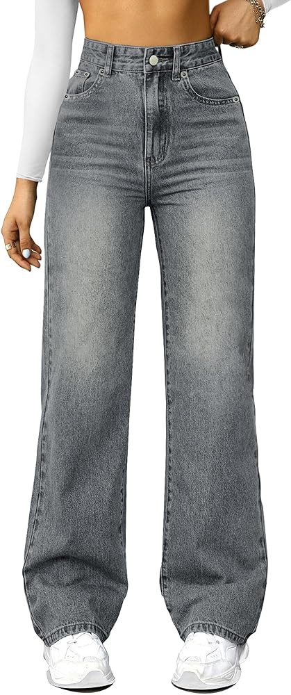 Straight Leg Jeans for Women,High Waisted Wide Leg Loose Microelastic Boyfried Denim Pants | Amazon (US)
