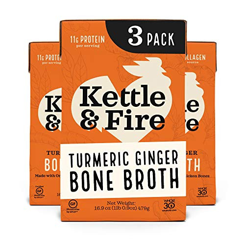 Kettle and Fire Turmeric Ginger Chicken Bone Broth, Keto, Paleo, and Whole 30 Approved, Gluten Free, High in Protein and Collagen, 3 Pack | Amazon (US)