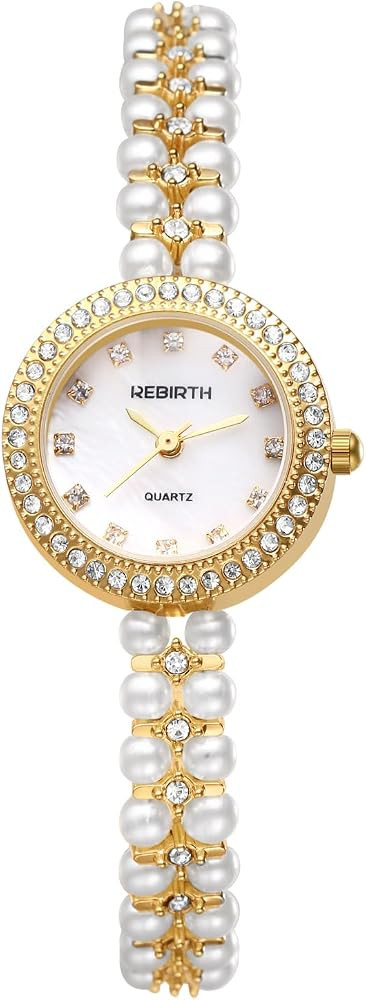 JewelryWe Womens Iced-Out Pearl Watch: Round Analog Quartz Wrist Watch Stylish Rhinestone Casual ... | Amazon (US)