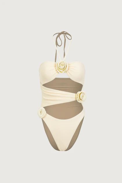 Rosette Cut Out One Piece (Faux Suede Cream/Cream) | SAME