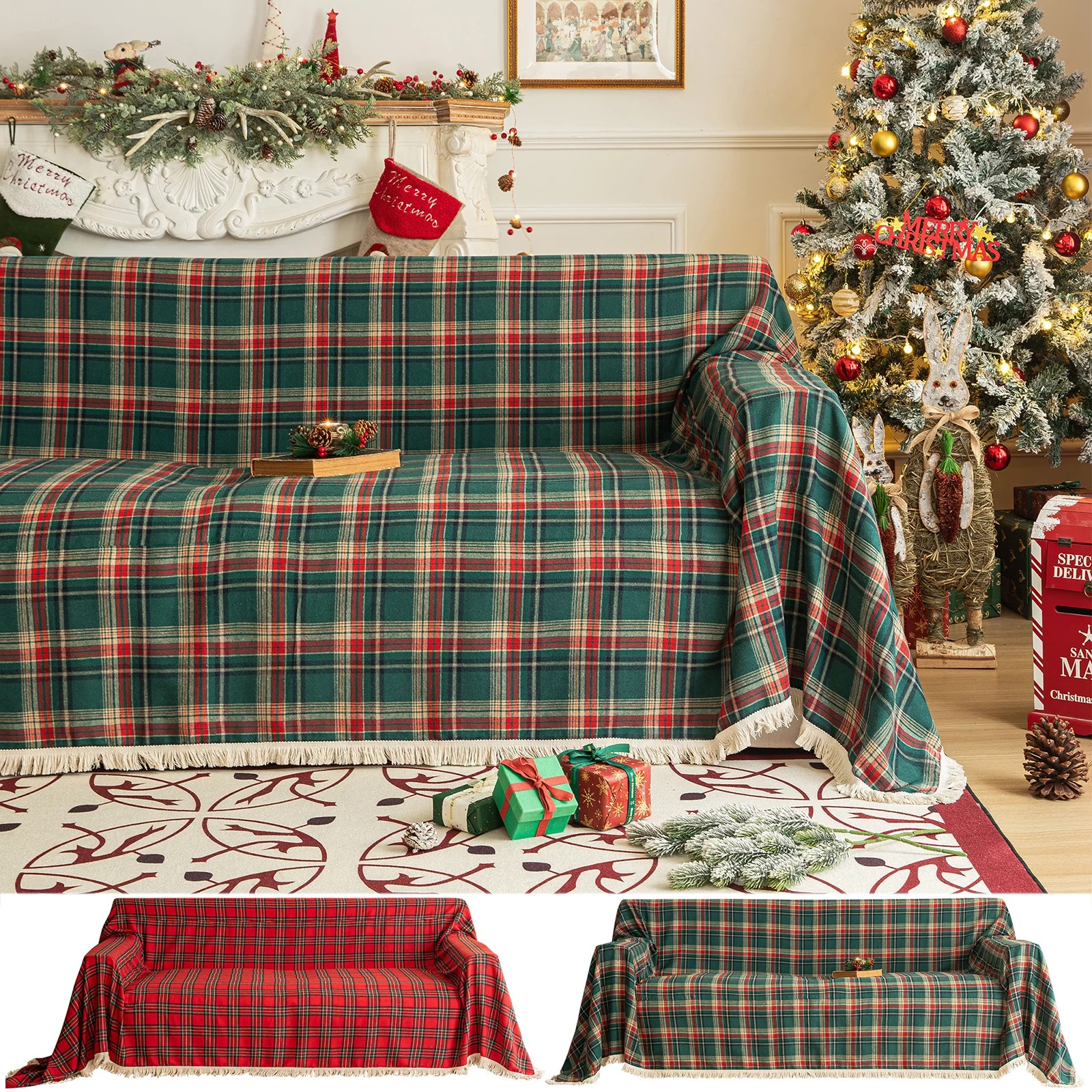 Lapalife Christmas Plaid Sofa Blanket Cover with Tassels, Rectangle Slipcover Sofa Blanket Soft T... | Walmart (US)
