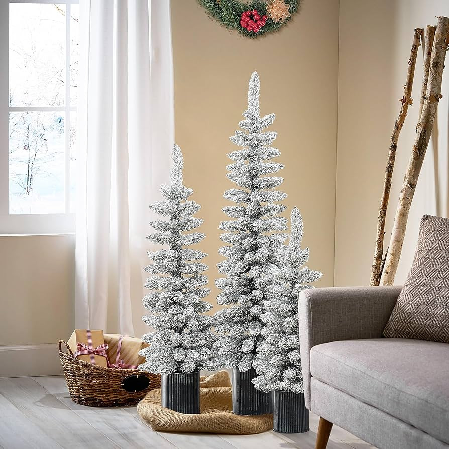 LuxenHome Set of 3 Christmas Trees, Unlit Snow Flocked Christmas Trees with Metal Pots, 3 Pieces Artificial Christmas Tree Holiday Dector Indoor Xmas Decor, Small Pencil Christmas Tree | Amazon (US)