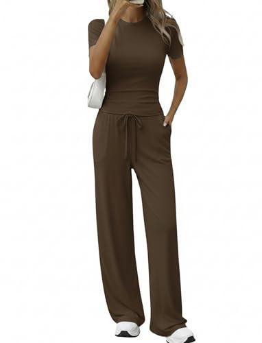 Flevita Womens Two Pcs Lounge Sets Short Sleeve Slim T-shirt and High Waisted Wide Leg Pants with... | Amazon (US)