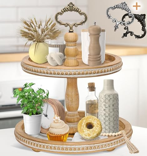 2 Tiered Tray Wooden Serving Stand by Felt Creative Home Goods. Small Beaded Tray for Home Decor Display Farmhouse Country Decoration Kitchen or Dining. Includes 3 Finial Custom Handles (Brown) | Amazon (US)