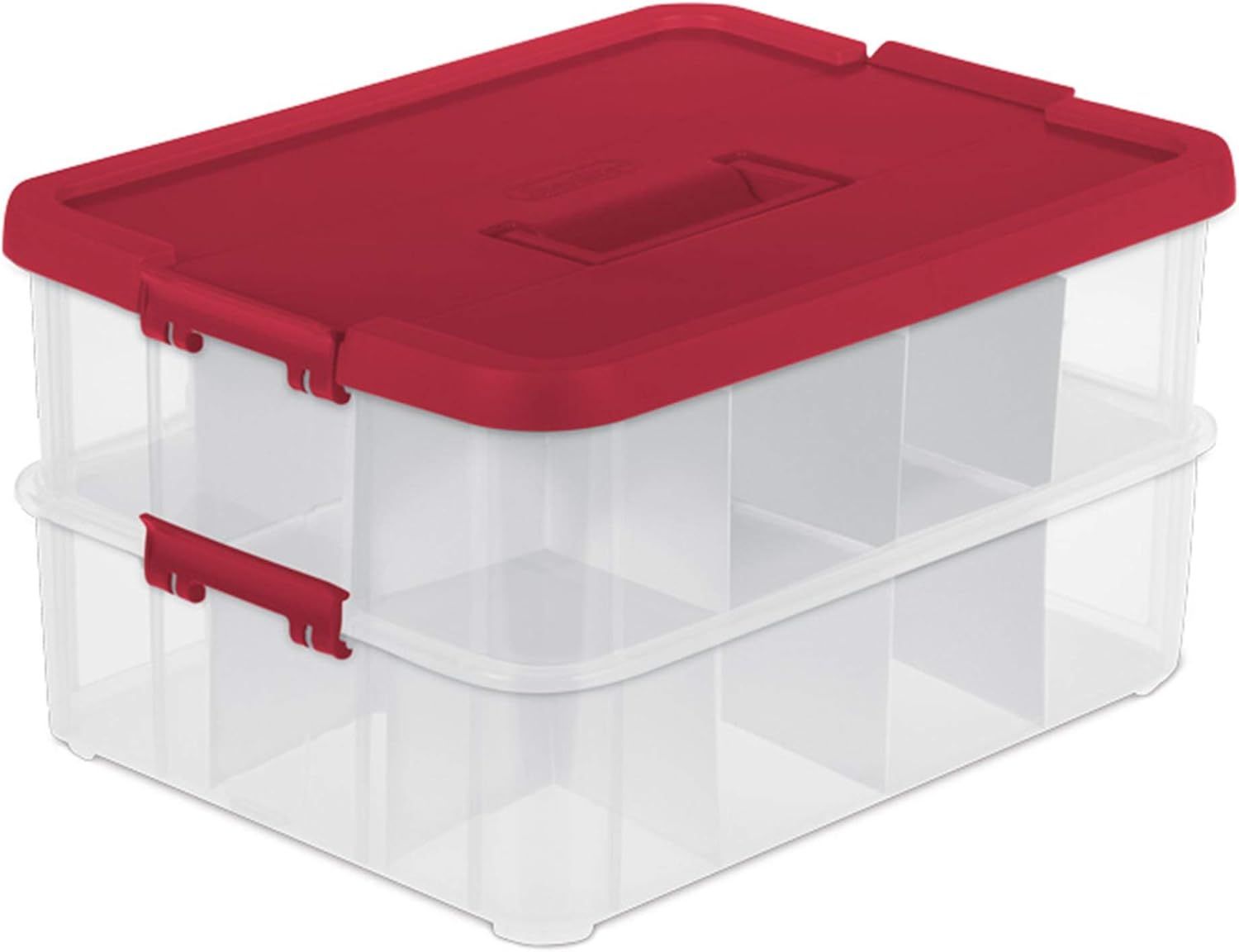 Sterilite 1427 Stack & Carry 2 Layer 24 Ornament Storage Box, Red Lid and Handle, See-through lay... | Amazon (US)