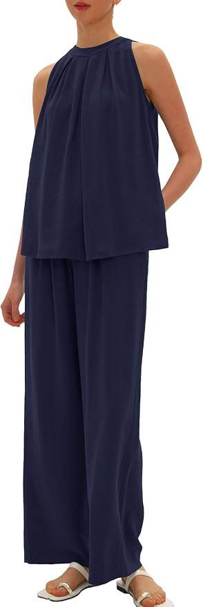 Beaully Women's Summer Linen 2 Piece Outfits Sets Loose Fit Sleeveless Tank Tops Wide Leg Pant Se... | Amazon (US)