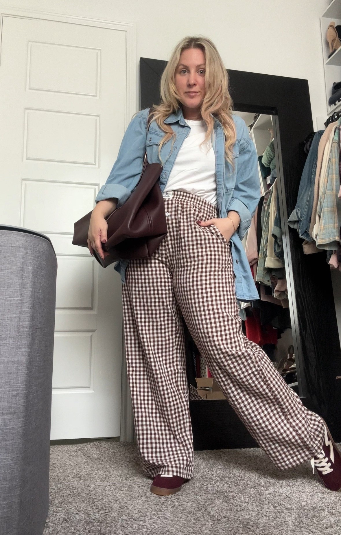 Cute early fall outfit for those in warmer areas! This denim oversized shirt is breezy enough for the warmer temps while still giving those cozy fall vibes. And these gingham pants are my absolute new favorite. As a petite, midsize curvy gal, they fit my booty AND my short legs PERFECTLY! That’s hard to come by. So excited to style them different ways throughout the season. Lastly, this burgundy tote bag for work 😍😍 fits everything and looks so chic!

#LTKFallSale #LTKSeasonal #LTKMidsize