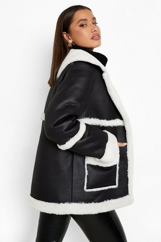 Bonded Faux Fur Trim Aviator Jacket | Boohoo.com (US & CA)