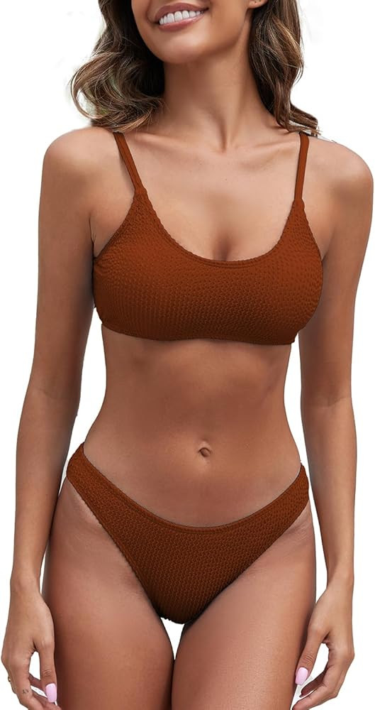 Fanuerg Women's Ribbed Bikini Sets Scoop Neck Cheeky Swimsuit Textured Two Piece Bathing Suit | Amazon (US)