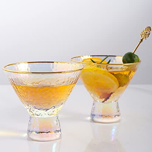 Lysenn Iridescent Stemless Martini Glasses Set of 2 - Premium Hammered Cocktail Glasses for Weddings, Anniversary, Christmas, Party - 7.7oz Gold Rim | Amazon (US)