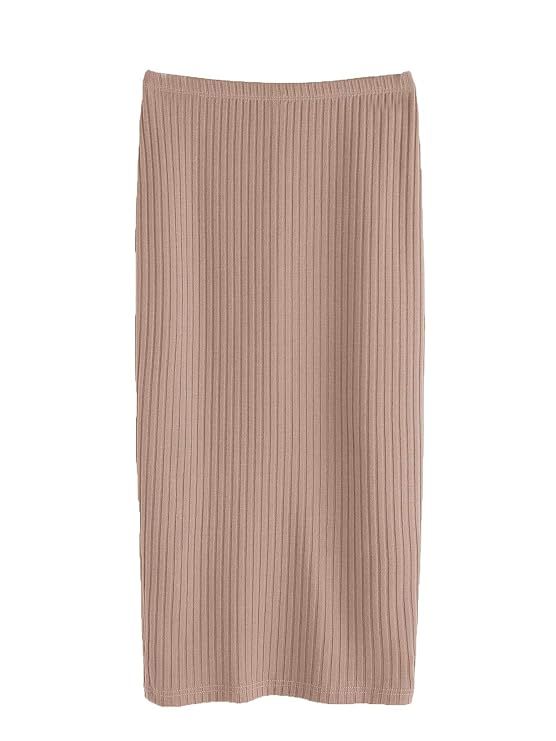 SheIn Women's Basic Plain Stretchy Ribbed Knit Split Full Length Skirt | Amazon (US)