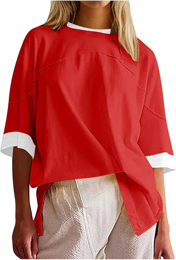 Womens Oversized Color Block Short Sleeve T Shirt, Crewneck Patchwork Split Hem Shirt, Casual Loo... | Amazon (US)