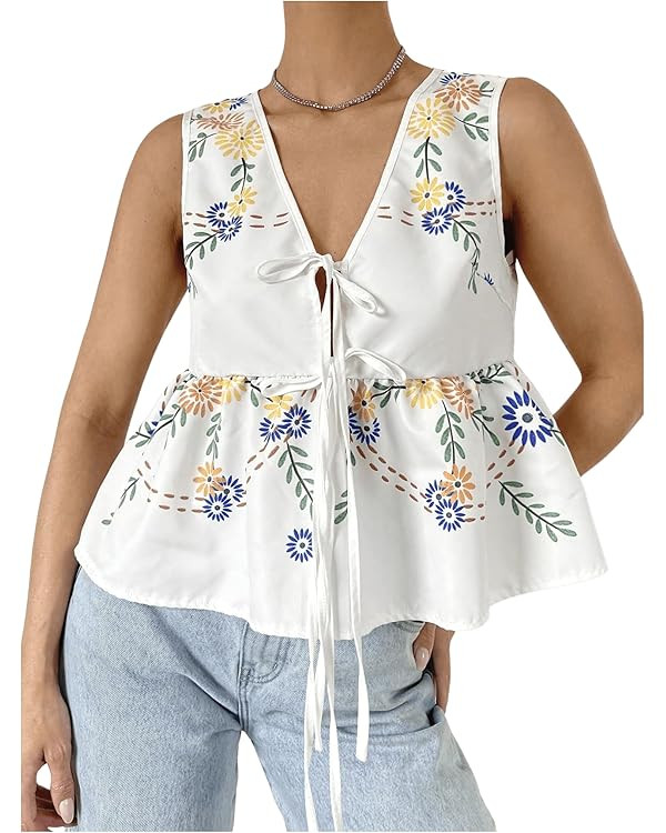 MakeMeChic Women's Summer Floral Cute Tops V Neck Tie Front Blouse Sleeveless Ruffle Hem Shirt | Amazon (US)