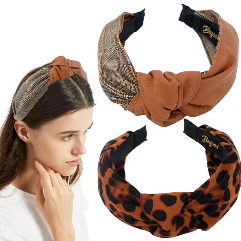 BEGOOD Leopard Print Knotted Headbands for Women Brown PU Plaid Top Knot Headbands Fashion  Hairb... | Walmart (US)