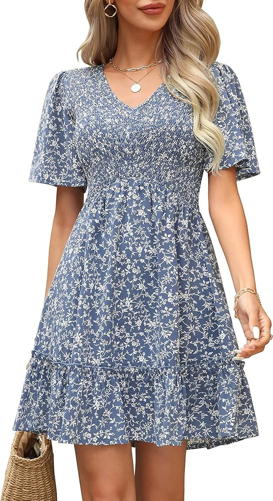 Ellakoko Womens Summer Dresses 2024 Floral Smocked Short Sleeve Empire Waist Cute Babydoll Swiss ... | Amazon (US)