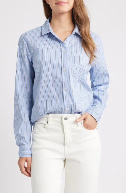 beachlunchlounge Lynden Embellished Stripe Cotton Blend Button-Up Shirt in Air Blue at Nordstrom, Size Small | Nordstrom