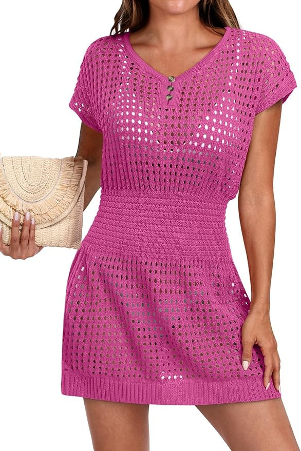 ANRABESS Women Swimsuit Crochet Coverups Short Sleeve Hollow Out Beach Swimwear Bathing Cover Up ... | Amazon (US)