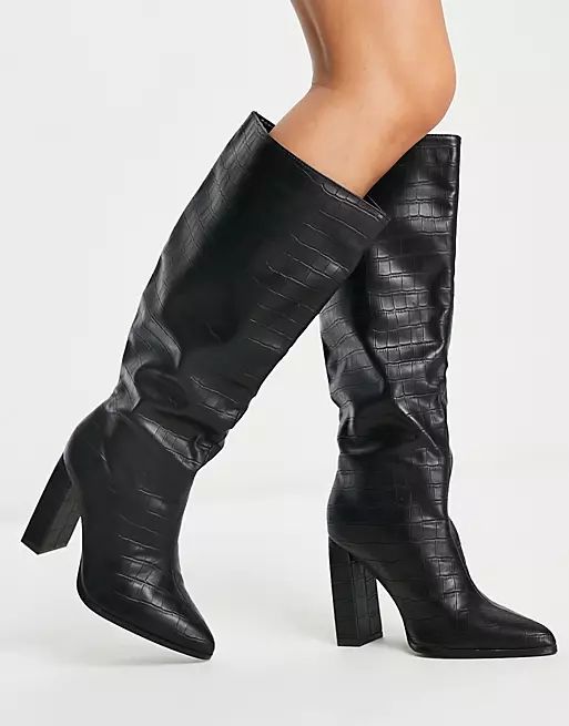 Public Desire Exclusive Wide Fit Far Away knee high boots in black croc | ASOS | ASOS (Global)