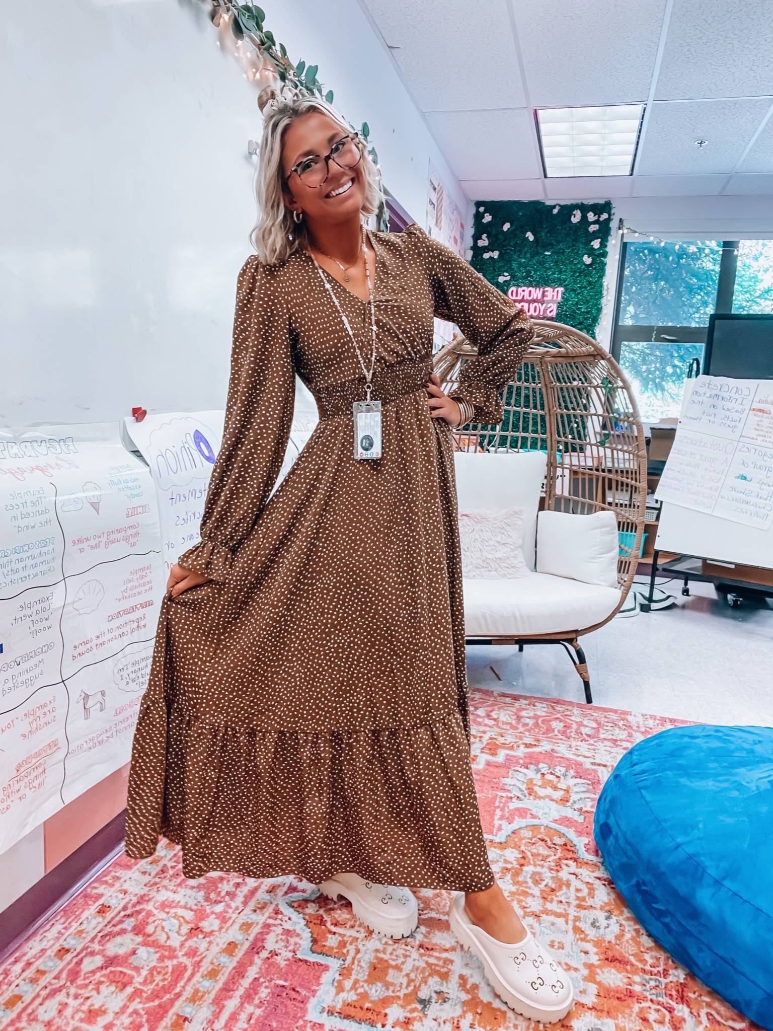 Fall teacher ootd 🍂 
Dress: size medium, fits true to size 
Shoes run tts and are so comfy! White converse would also look really cute with this look, and are on the more affordable side. For size reference, I’m 5’8”in, size 28”in waist and 155 Id  

#LTKstyletip #LTKSeasonal #LTKworkwear