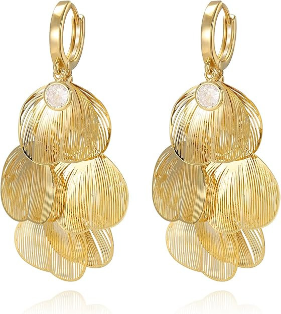 Boho Flower Layered Floral Leaf Drop Dangle Earring For Women,Metal CZ Gold Lightweight Flower Bo... | Amazon (US)