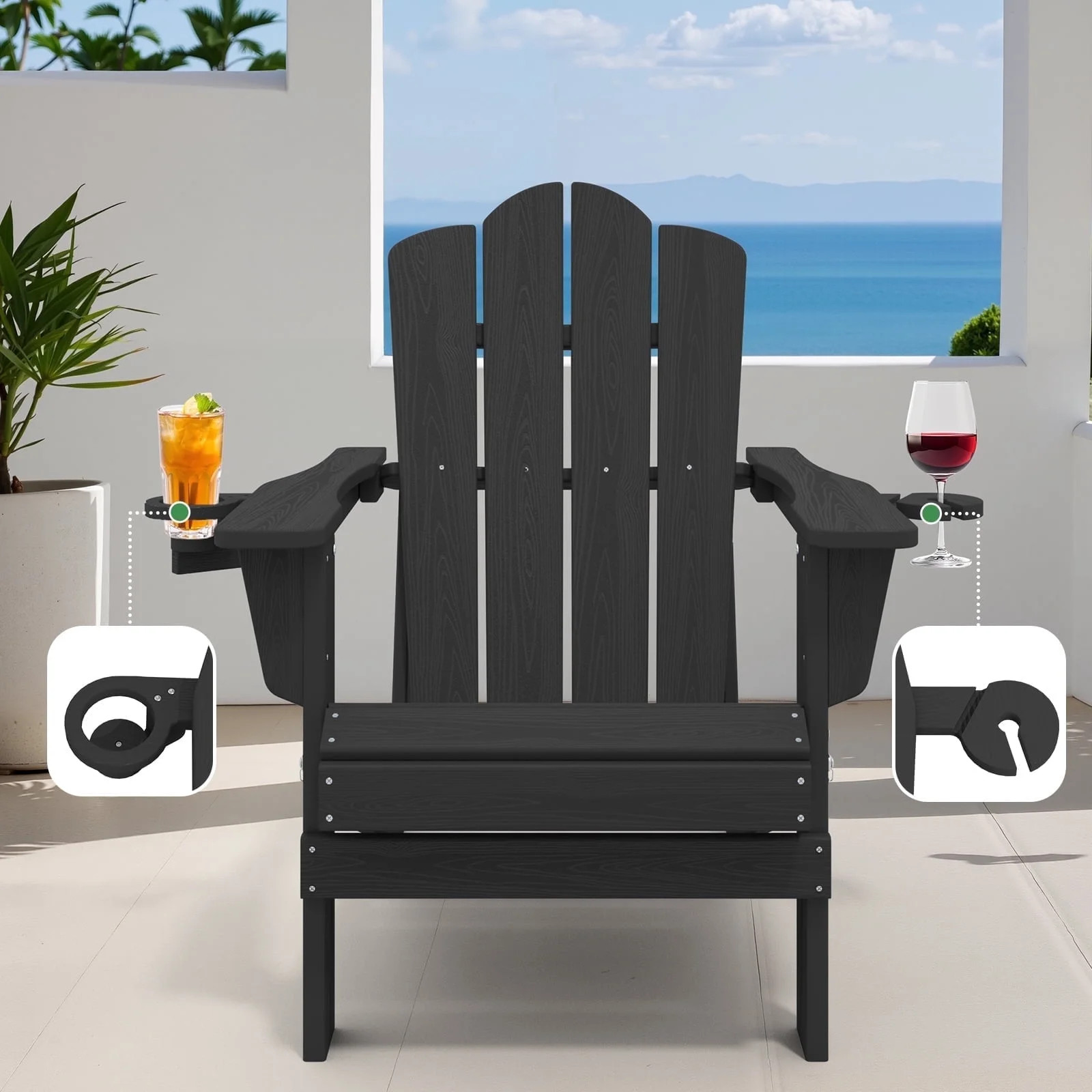 JUSTLET Outdoor Patio Folding HDPE Resin Adirondack Chair with Double Cup Holder, Black | Walmart (US)