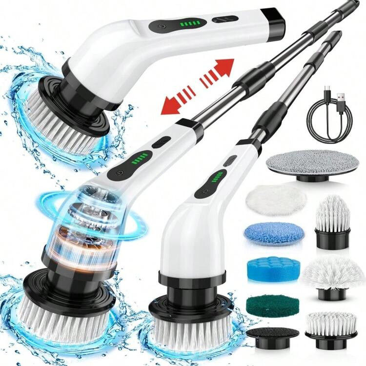 IAGREEA Electric Spin Scrubber, Cordless Cleaning Brush, Shower Cleaning Brush With 9 Or 6 Brush Heads 2H Power Dual Speed, Adjustable Extension Handle, 360 Cordless Cleaning Brush For Bathroom, Bathtub, Tiles, USB-C Charging Cable, Rotating Cleaning Brush, 2000mAH | SHEIN