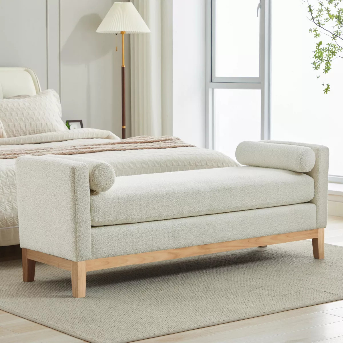 Hrinhom 66.3"W Boucle Upholstered Bedroom Bench With Pillows for Entryway,Living Room-Ivory/Natur... | Target