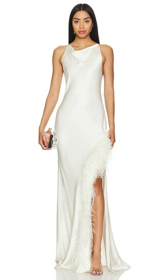 Cowl Neck Gown With Ostrich Feathers in Cream | Revolve Clothing (Global)