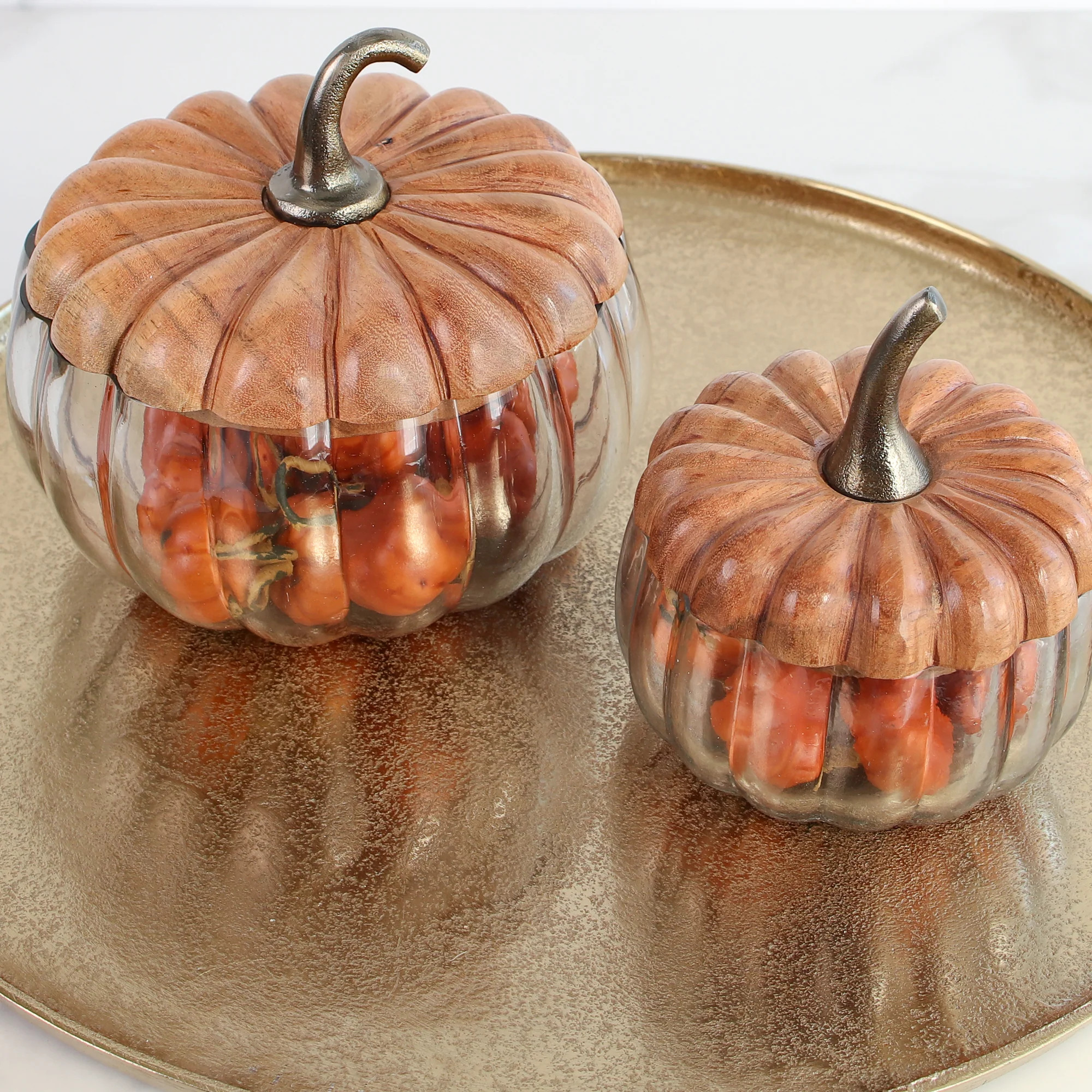 Glass Pumpkin Dishes with Wood Lids- Small or Large | Interior Delights