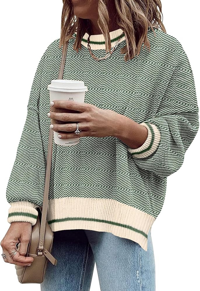 Women's Oversized Crewneck Sweaters Batwing Long Sleeve Side Slit Ribbed Knit Pullover Sweater To... | Amazon (US)