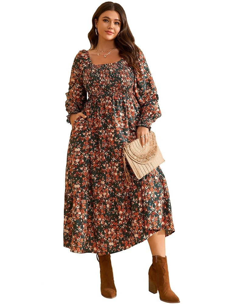 RWJ Women's Plus Size Fall Dress Long Sleeve Square Neck Floral Print Smocked A Line Boho Flowy M... | Amazon (US)