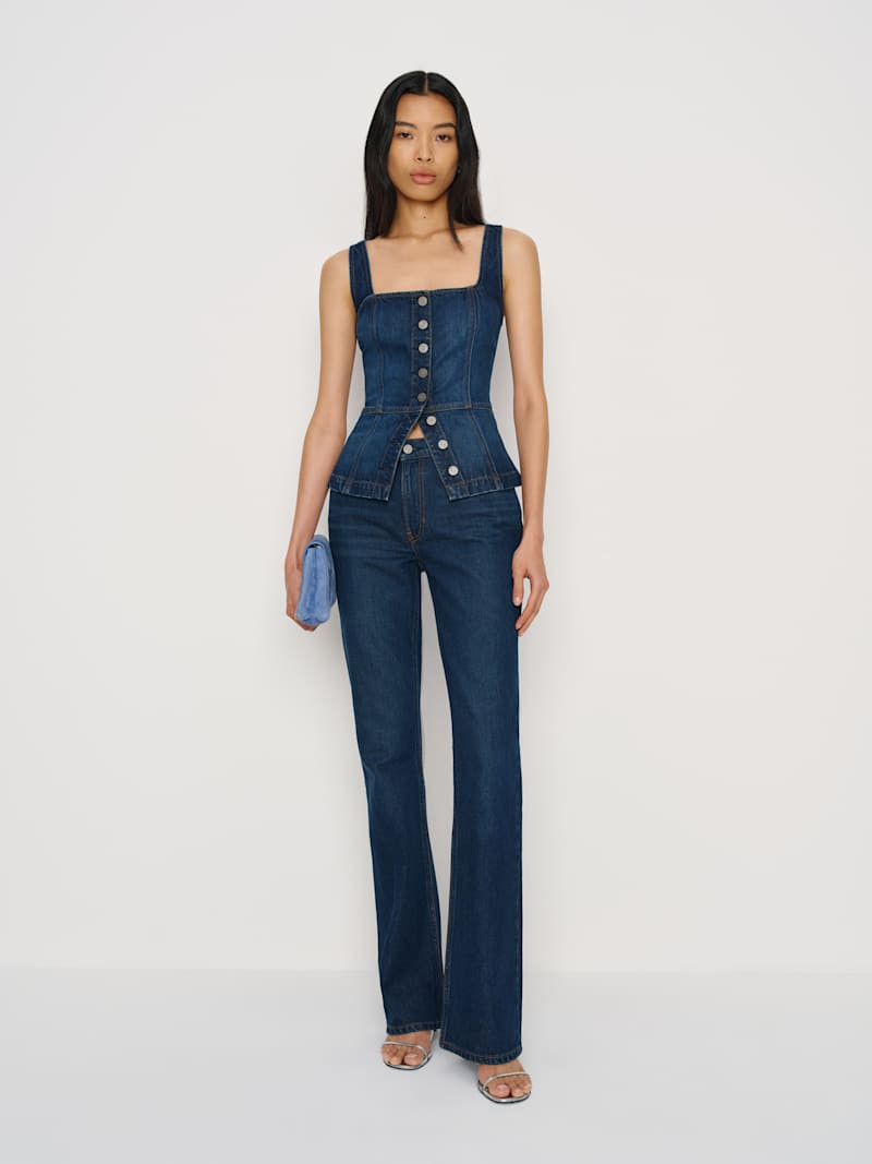 Reformation Tilly Stretch Denim Top Blue XL | Reformation (Global)