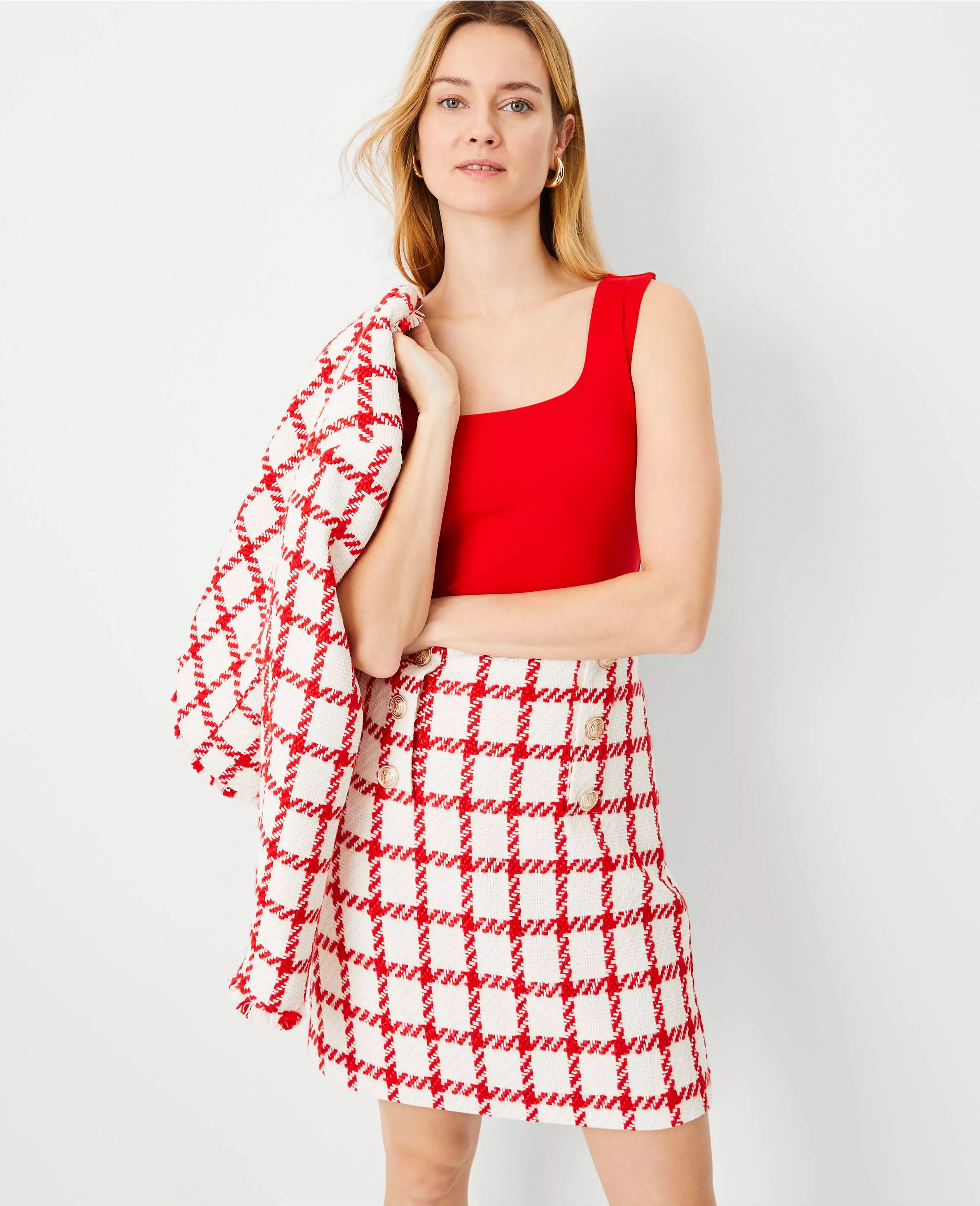 Plaid Tweed Button A-Line Skirt | Ann Taylor (US)